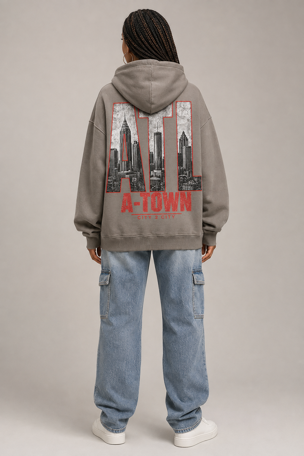 Atlanta A-Town Skyline 440 GSM Oversized Hoodie, Friar Gray back-view full-body women’s studio model photo, Atlanta | City 2 City Wear