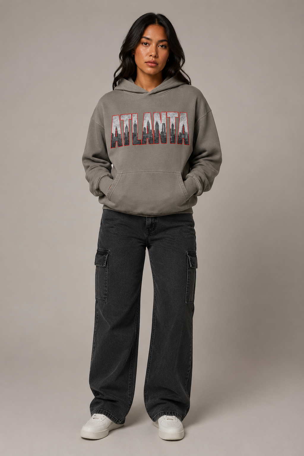 Atlanta A-Town Skyline 440 GSM Oversized Hoodie, Friar Gray front-view full-body women’s studio model photo, Atlanta | City 2 City Wear