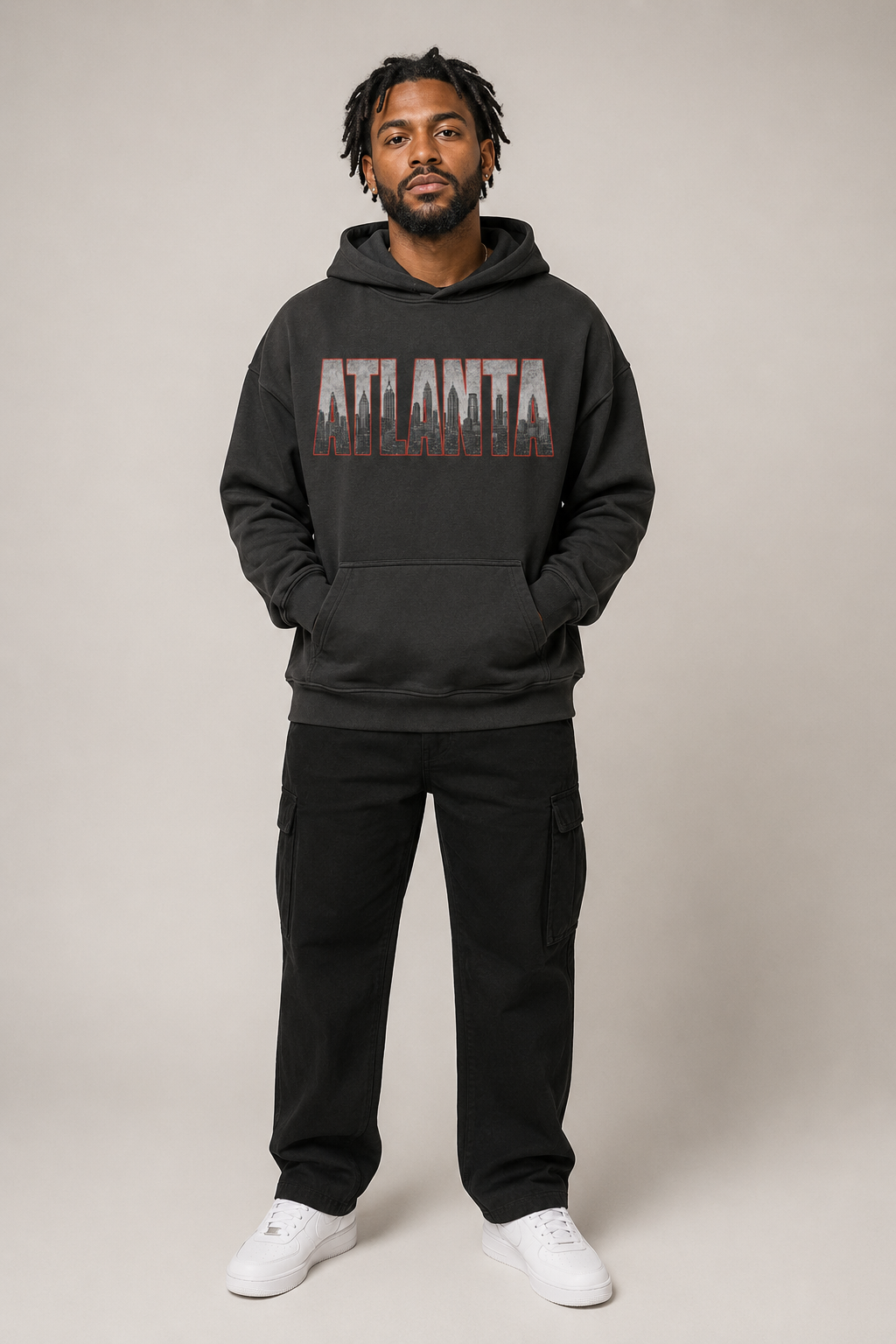 Atlanta A-Town Skyline 440 GSM Oversized Hoodie, Faded Black front-view full-body men’s studio model photo, Atlanta | City 2 City Wear
