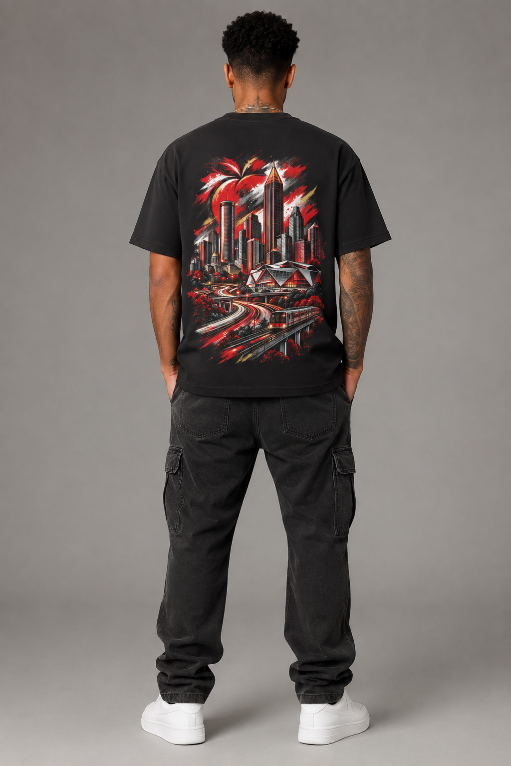 Atlanta A-Town Skyline 240 GSM Heavyweight Boxy T-Shirt, Black back-view full-body men’s studio model photo, Atlanta | City 2 City Wear