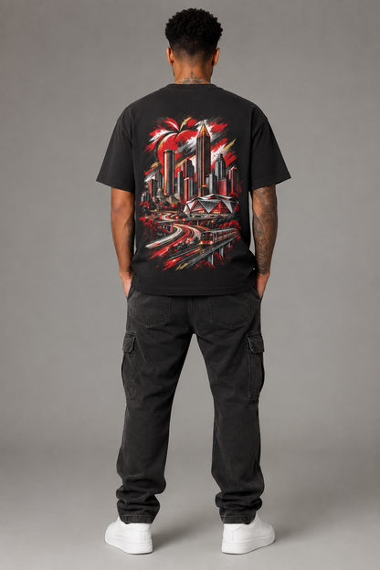 Atlanta A-Town Skyline 240 GSM Heavyweight Boxy T-Shirt, Black back-view full-body men’s studio model photo, Atlanta | City 2 City Wear