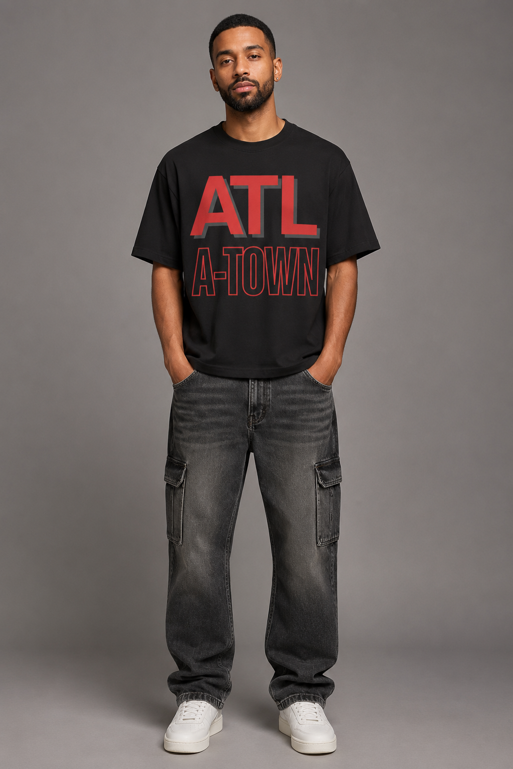 Atlanta A-Town Skyline 240 GSM Heavyweight Boxy T-Shirt, Black front-view full-body men’s studio model photo, Atlanta | City 2 City Wear