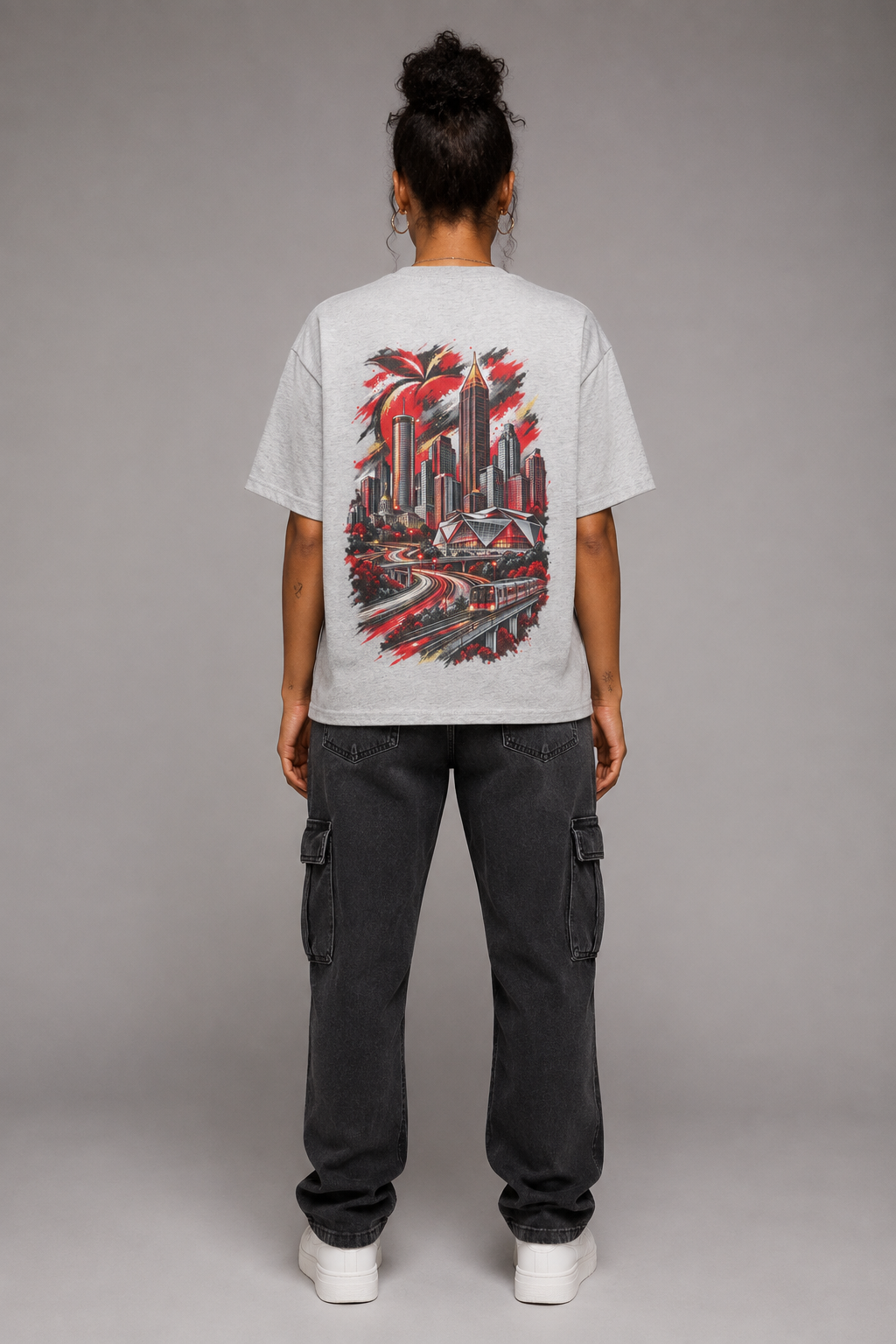 Atlanta A-Town Skyline 240 GSM Heavyweight Boxy T-Shirt, Heather Gray back-view full-body women’s studio model photo, Atlanta | City 2 City Wear