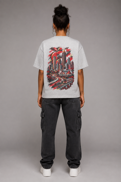 Atlanta A-Town Skyline 240 GSM Heavyweight Boxy T-Shirt, Heather Gray back-view full-body women’s studio model photo, Atlanta | City 2 City Wear