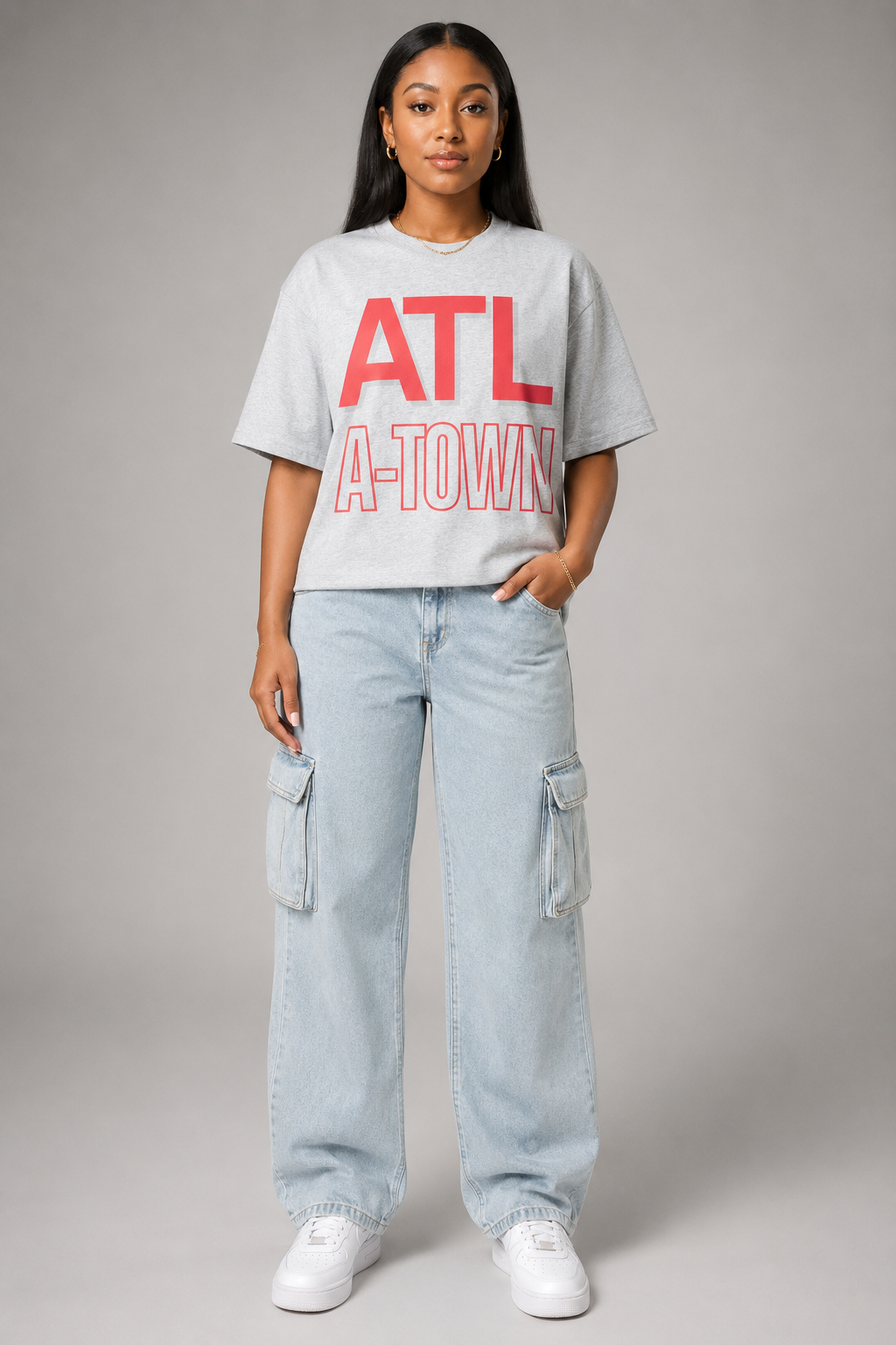Atlanta A-Town Skyline 240 GSM Heavyweight Boxy T-Shirt, Heather Gray front-view full-body women’s studio model photo, Atlanta | City 2 City Wear