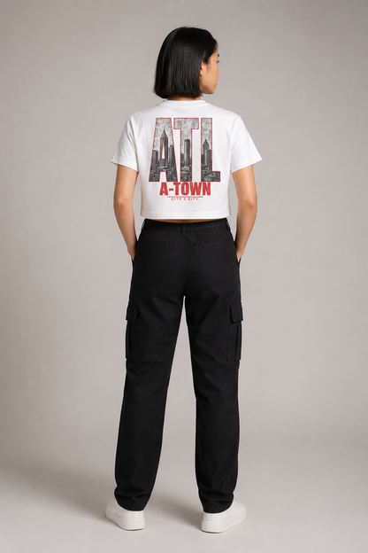 Atlanta A-Town Skyline Women’s Crop T-Shirt, White back-view full-body women’s studio model photo, Atlanta | City 2 City Wear