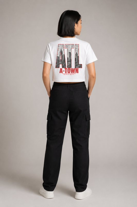Atlanta A-Town Skyline Women’s Crop T-Shirt, White back-view full-body women’s studio model photo, Atlanta | City 2 City Wear