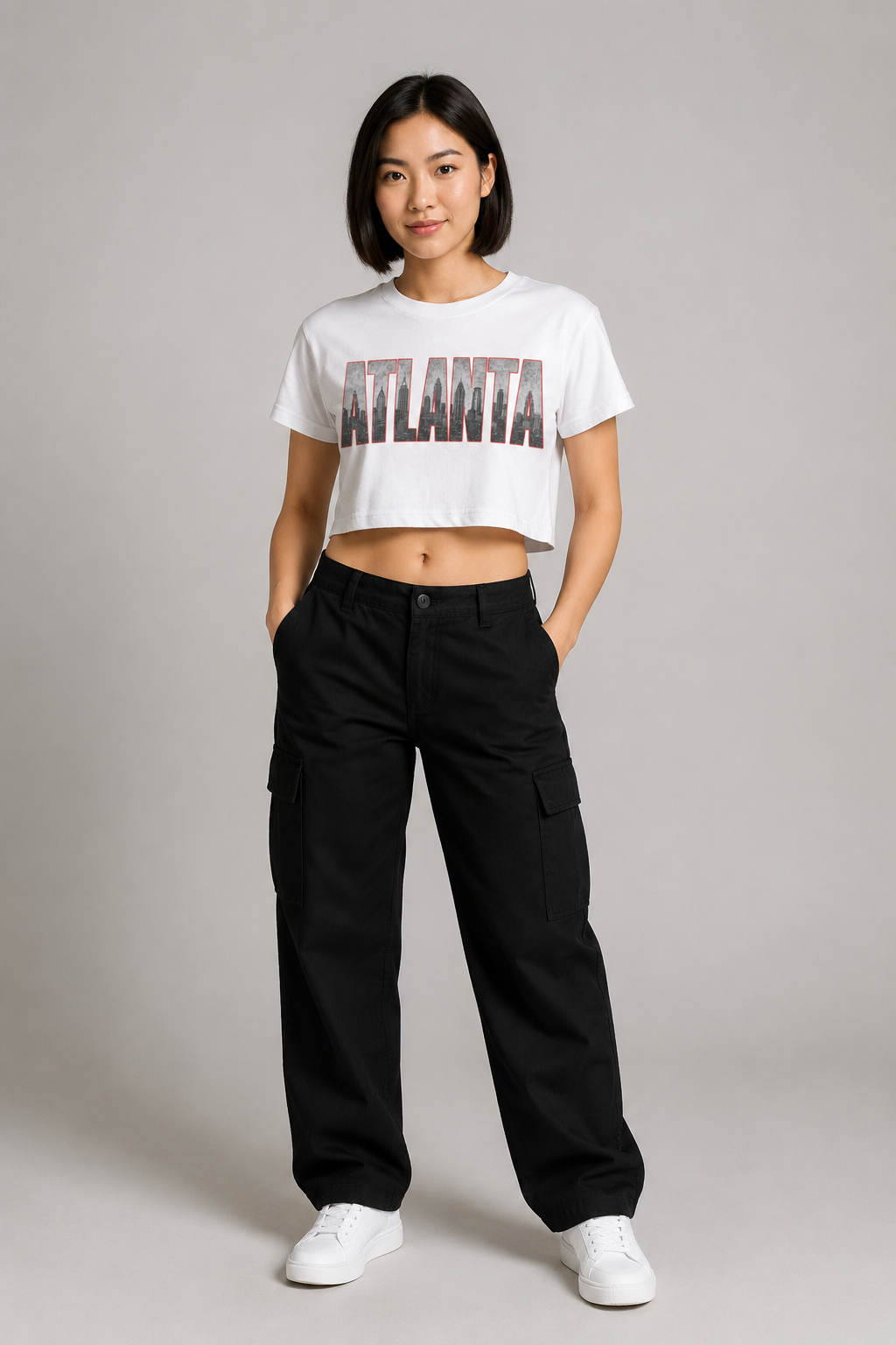 Atlanta A-Town Skyline Women’s Crop T-Shirt, White front-view full-body women’s studio model photo, Atlanta | City 2 City Wear