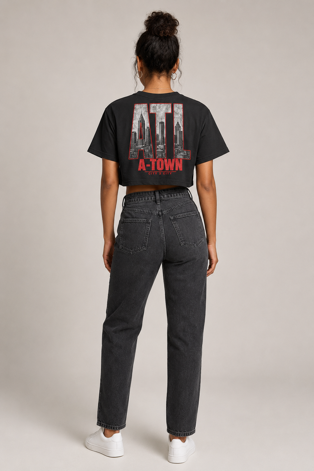 Atlanta A-Town Skyline Women’s Crop T-Shirt, Black back-view full-body women’s studio model photo featuring ATL skyline artwork | City 2 City Wear