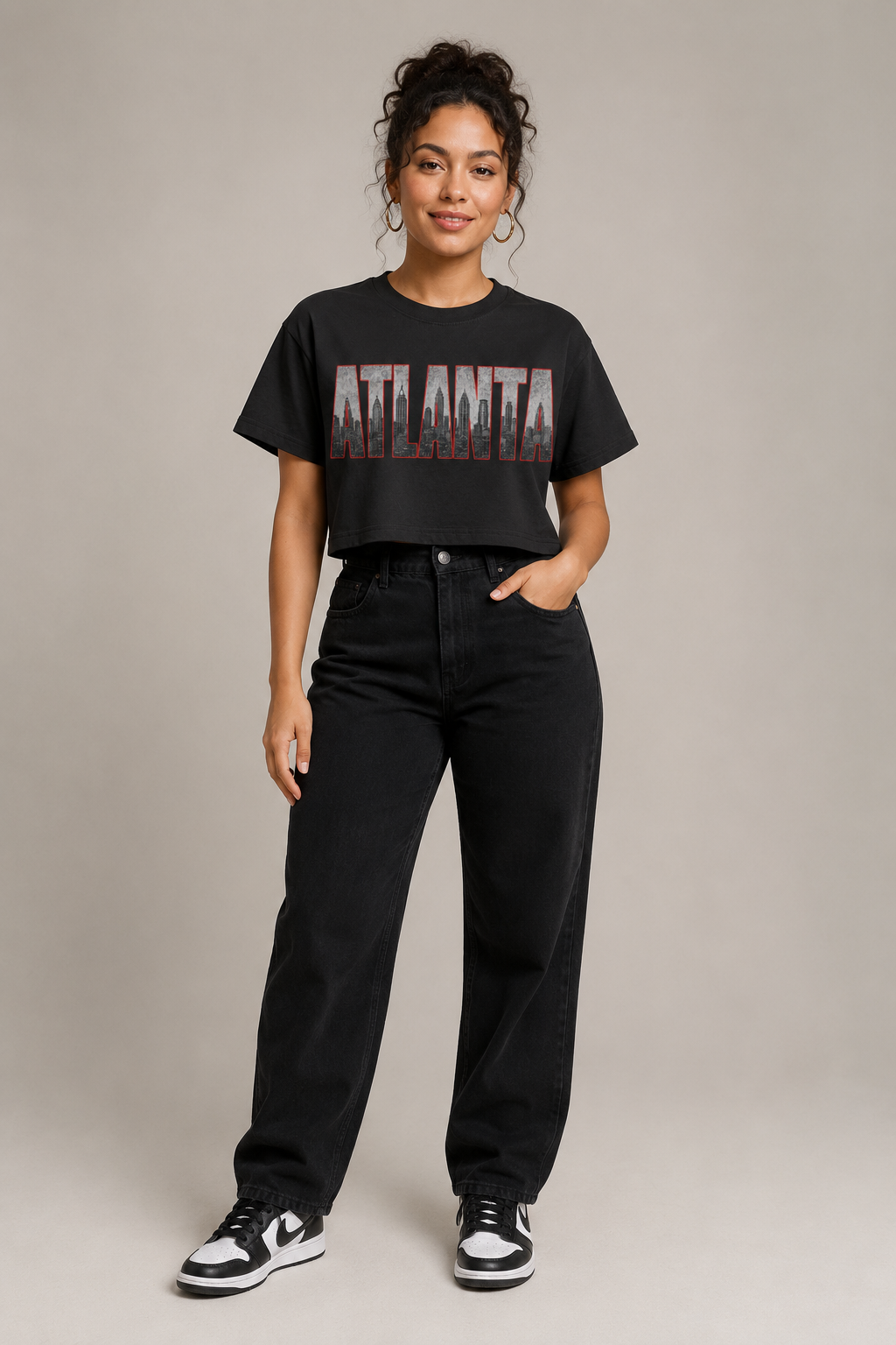 Atlanta A-Town Skyline Women’s Crop T-Shirt, Black front-view full-body women’s studio model photo, Atlanta | City 2 City Wear