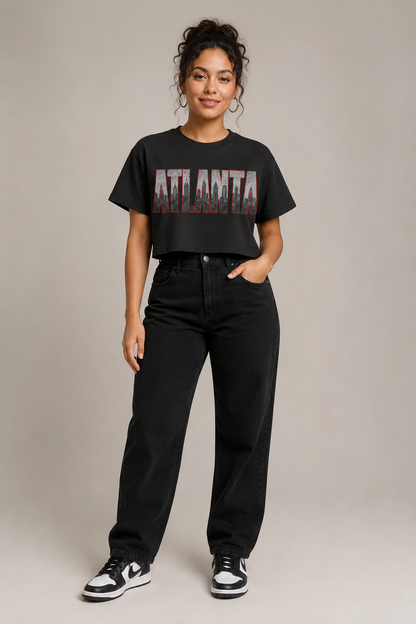 Atlanta A-Town Skyline Women’s Crop T-Shirt, Black front-view full-body women’s studio model photo, Atlanta | City 2 City Wear