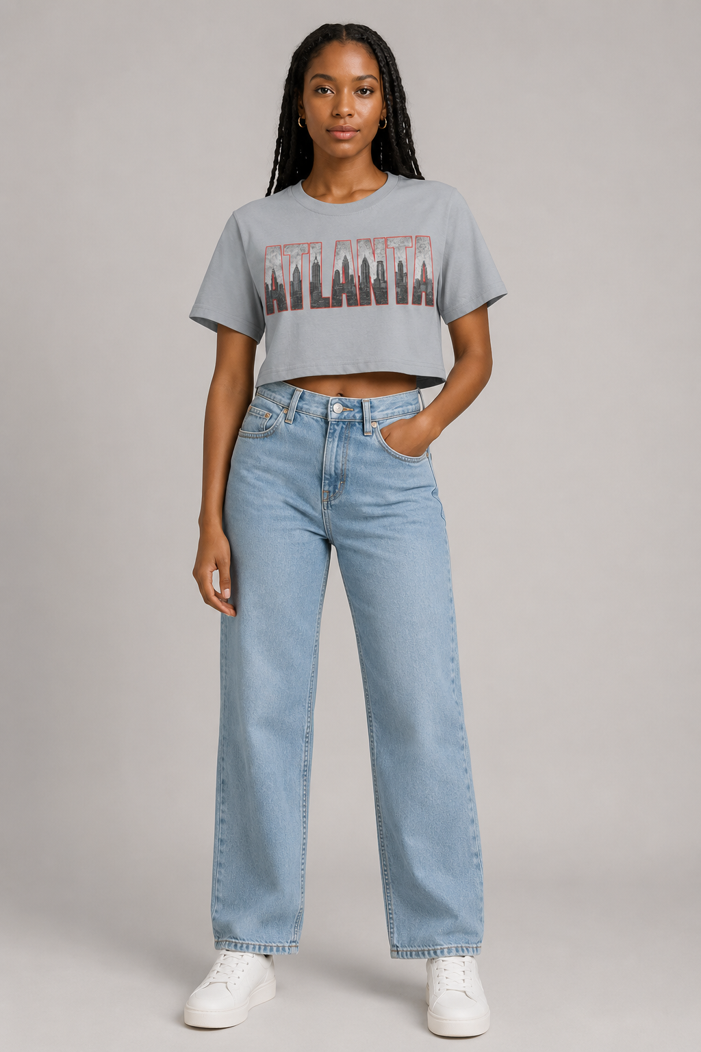 Atlanta A-Town Skyline Women’s Crop T-Shirt, Light Gray front-view full-body women’s studio model photo | City 2 City Wear