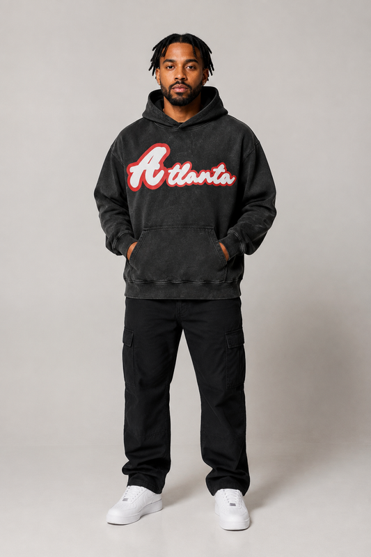 Atlanta Script 440 GSM Heavyweight Washed Oversized Hoodie, Faded Black front-view full-body men’s studio model photo, Atlanta | City 2 City Wear