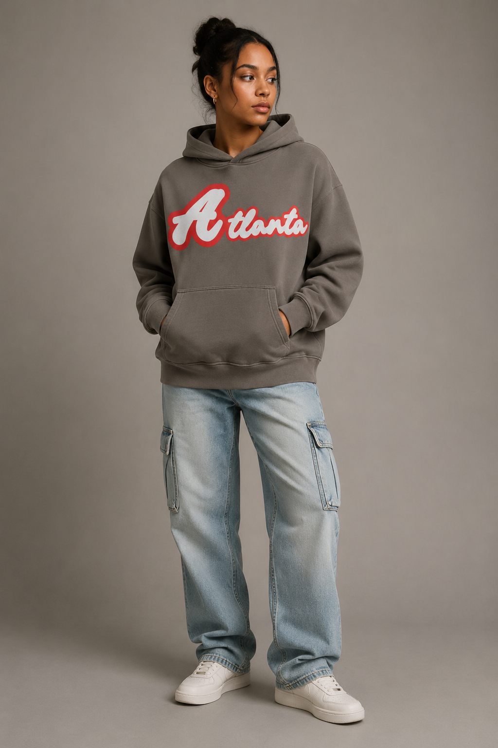 Atlanta Script 440 GSM Heavyweight Washed Oversized Hoodie, Friar Gray three-quarter front full-body women’s studio model photo, Atlanta | City 2 City Wear