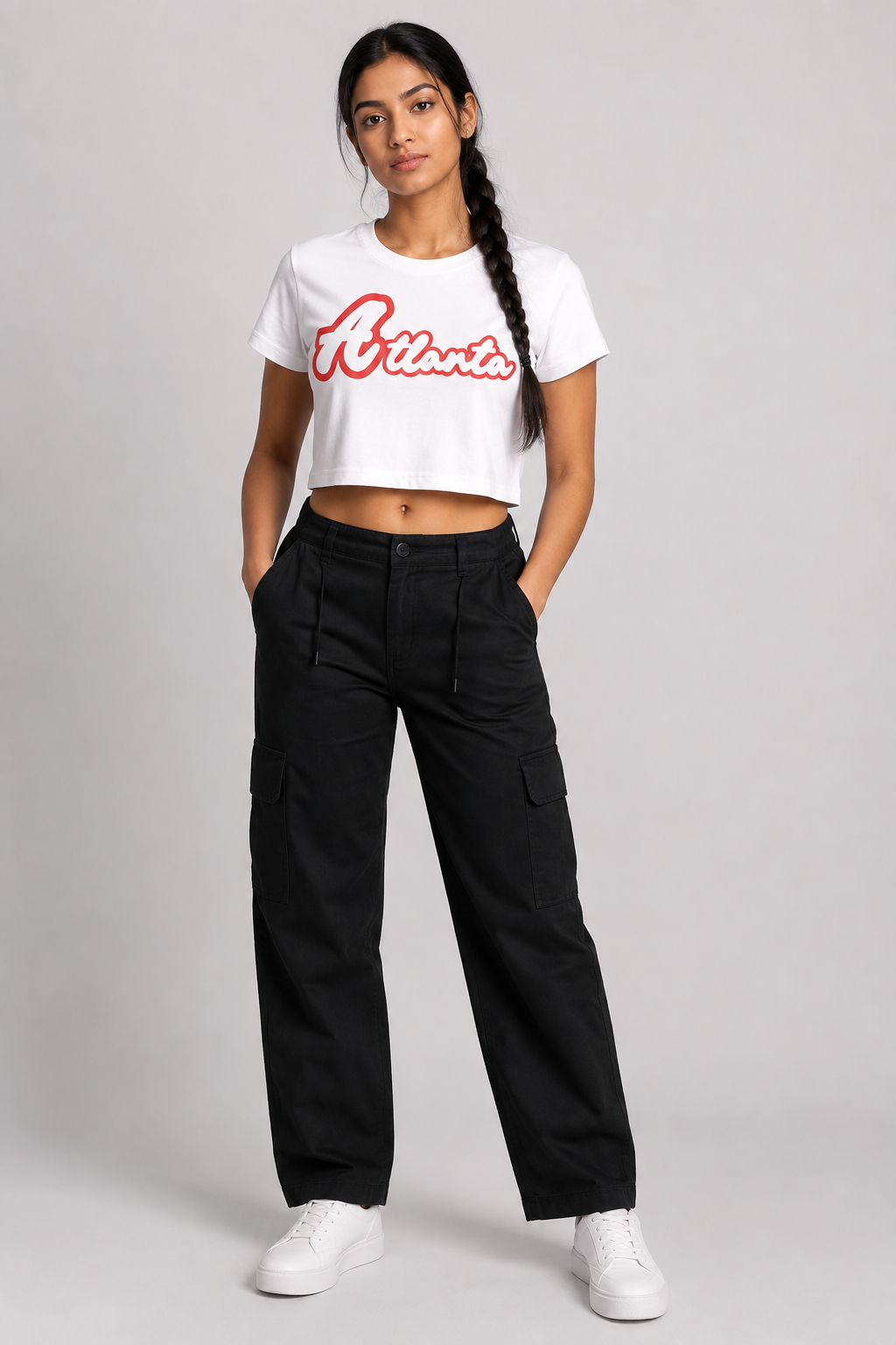Atlanta Script Women’s Crop T-Shirt, White three-quarter front full-body women’s studio model photo, Atlanta | City 2 City Wear