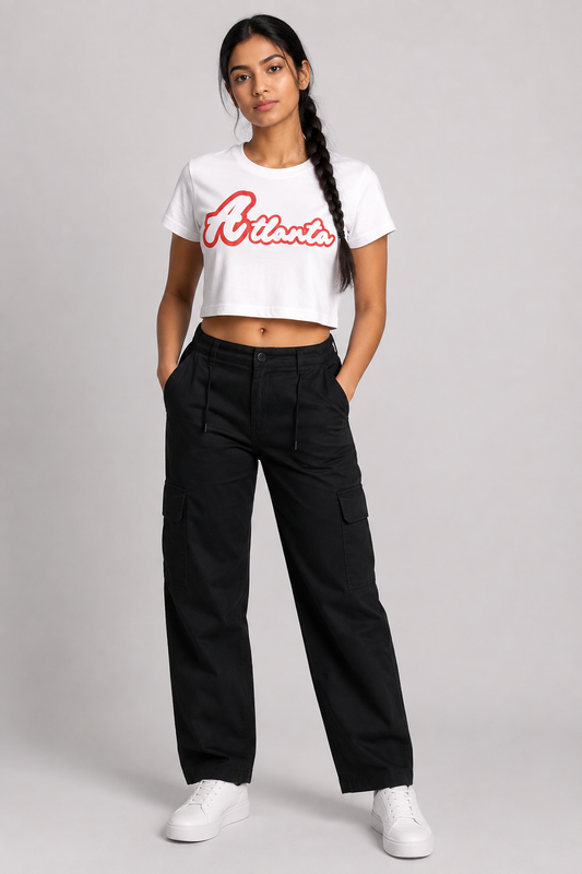 Atlanta Script Women’s Crop T-Shirt, White three-quarter front full-body women’s studio model photo, Atlanta | City 2 City Wear