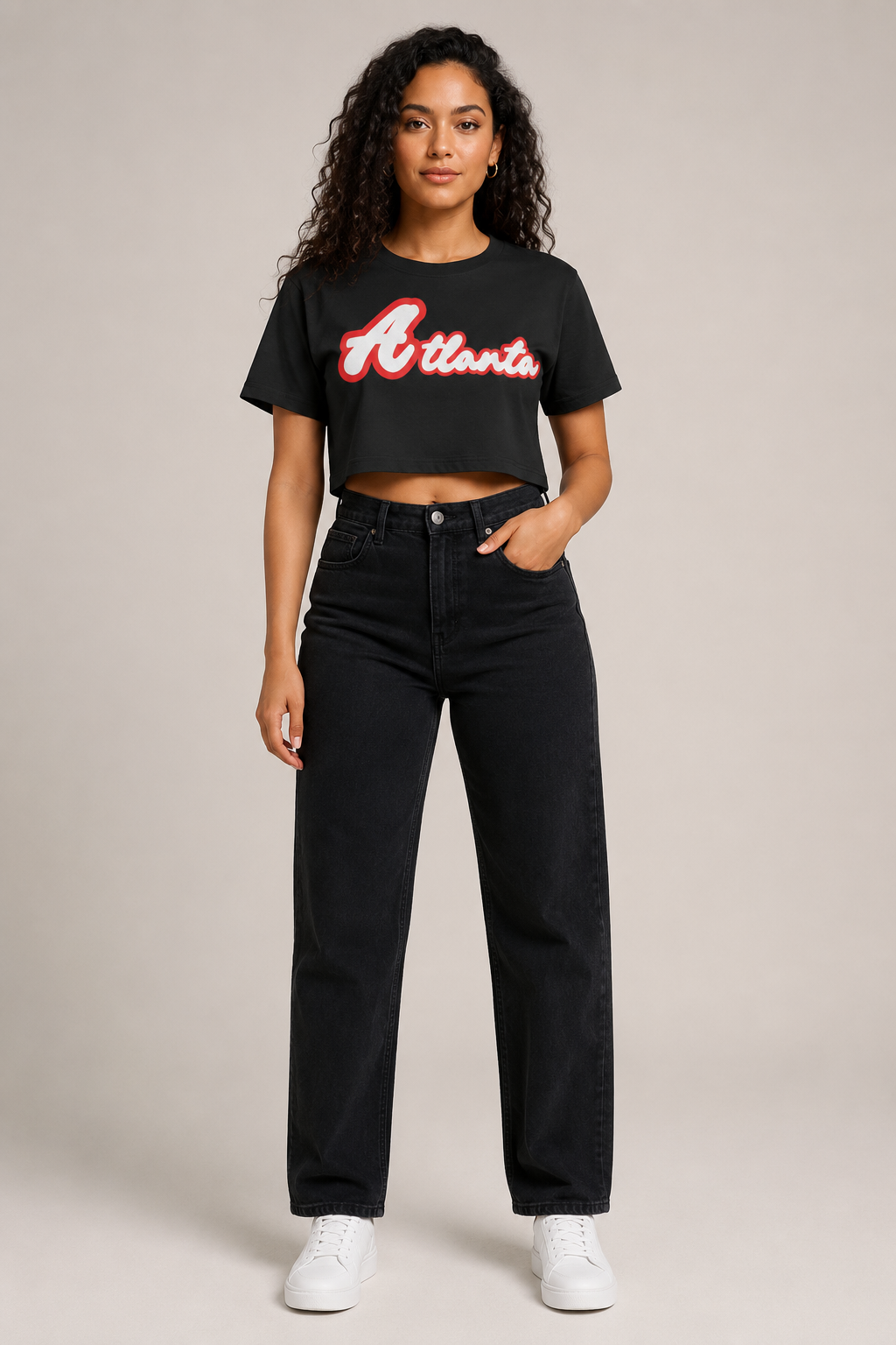 Atlanta Script Women’s Crop T-Shirt, Black front-view full-body women’s studio model photo | City 2 City Wear