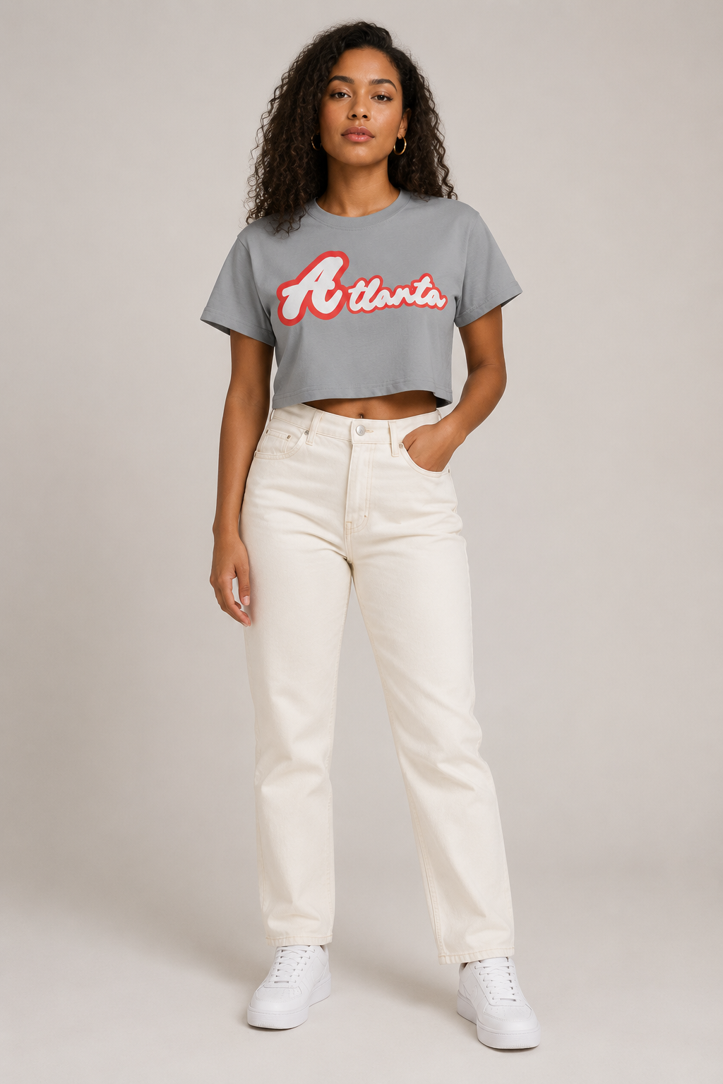 Atlanta Script Women’s Crop T-Shirt, Light Gray front-view full-body women’s studio model photo | City 2 City Wear