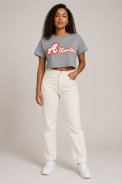 Atlanta Script Women’s Crop T-Shirt, Light Gray front-view full-body women’s studio model photo | City 2 City Wear