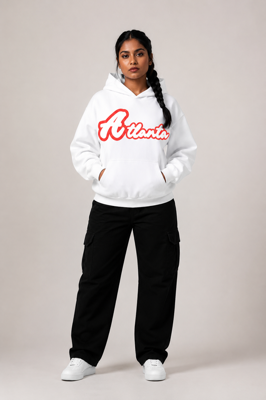 Atlanta Sculpted 400 GSM Women’s Hoodie, White front-view full-body women’s studio model photo, Atlanta | City 2 City Wear