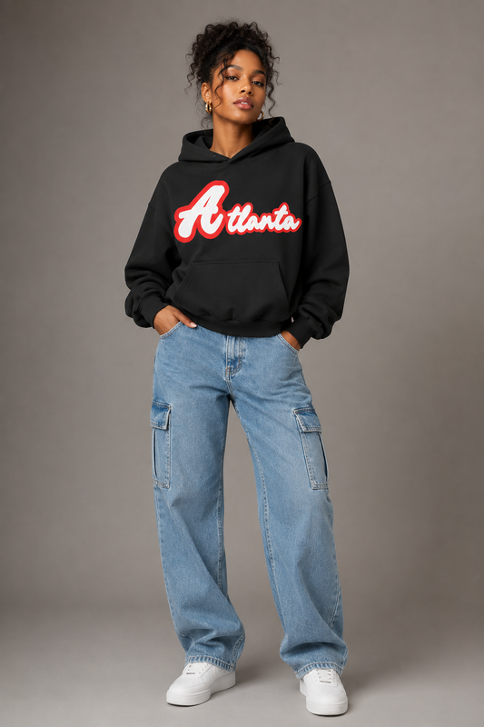 Atlanta Sculpted 400 GSM Women’s Hoodie, Black three-quarter front full-body women’s studio model photo, Atlanta | City 2 City Wear