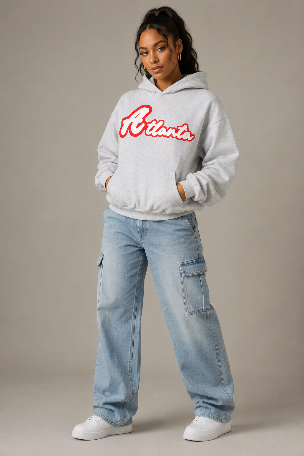 Atlanta Sculpted 400 GSM Women’s Hoodie, Light Gray three-quarter front full-body women’s studio model photo, Atlanta | City 2 City Wear