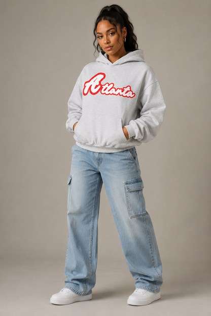 Atlanta Sculpted 400 GSM Women’s Hoodie, Light Gray three-quarter front full-body women’s studio model photo, Atlanta | City 2 City Wear