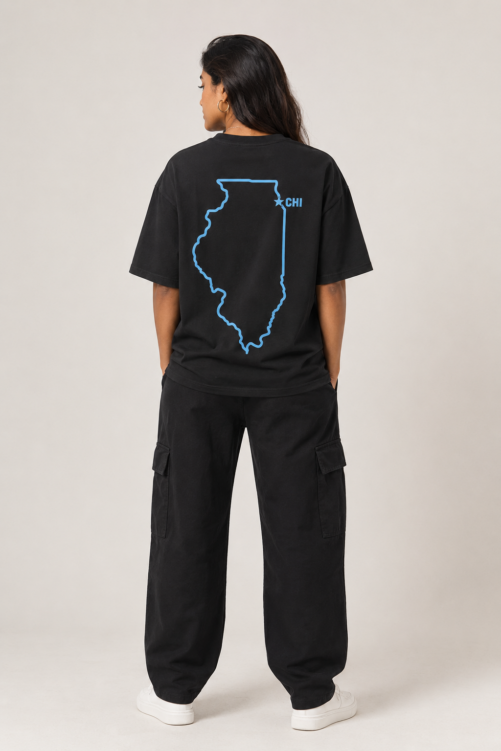 Chicago 1837 Heritage black heavyweight boxy T-shirt full-body female model back view with Illinois outline and CHI | City 2 City Wear