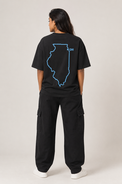 Chicago 1837 Heritage black heavyweight boxy T-shirt full-body female model back view with Illinois outline and CHI | City 2 City Wear