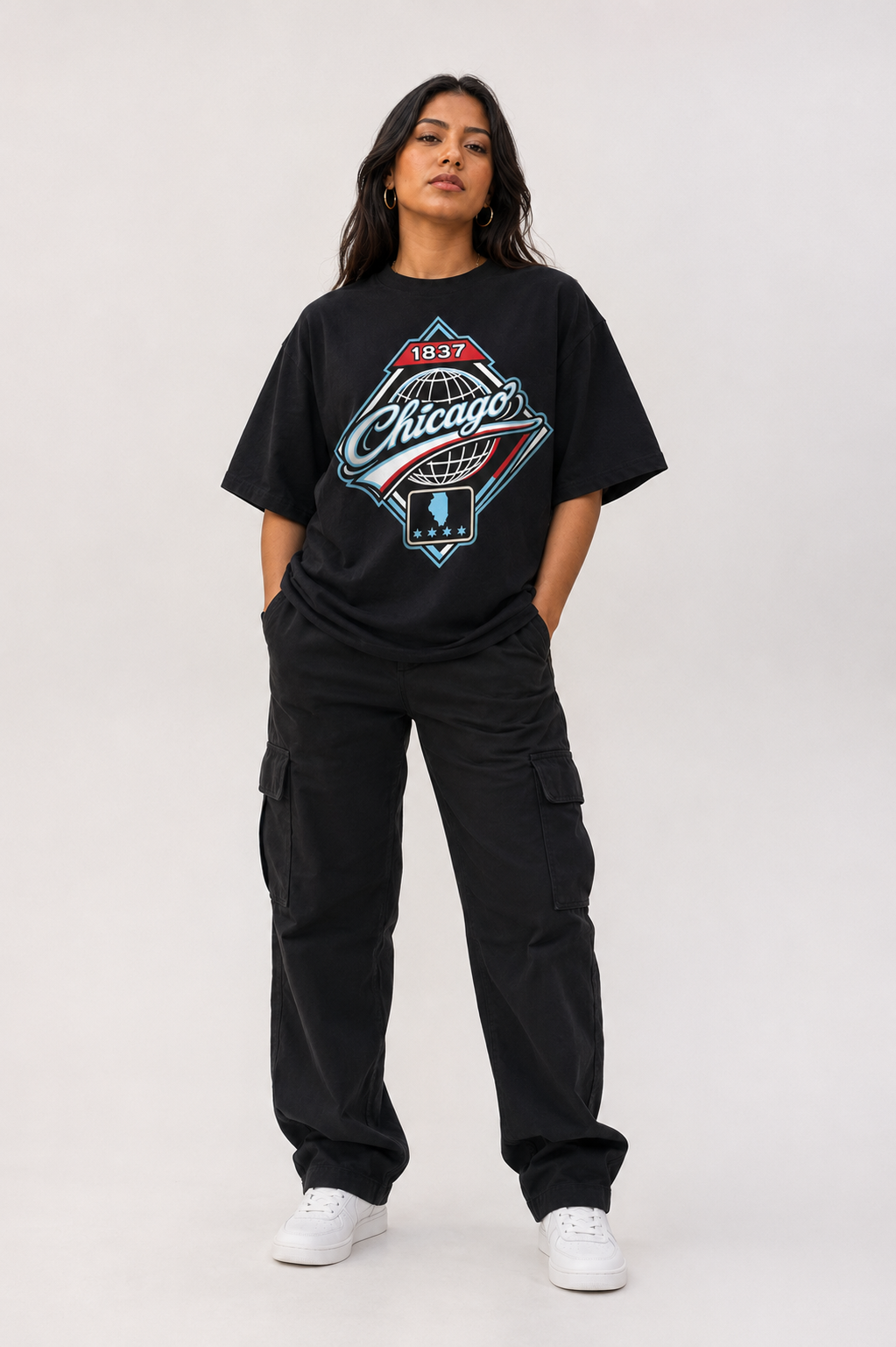 Chicago 1837 Heritage black 240 GSM heavyweight boxy T-shirt full-body female model front studio photo | City 2 City Wear