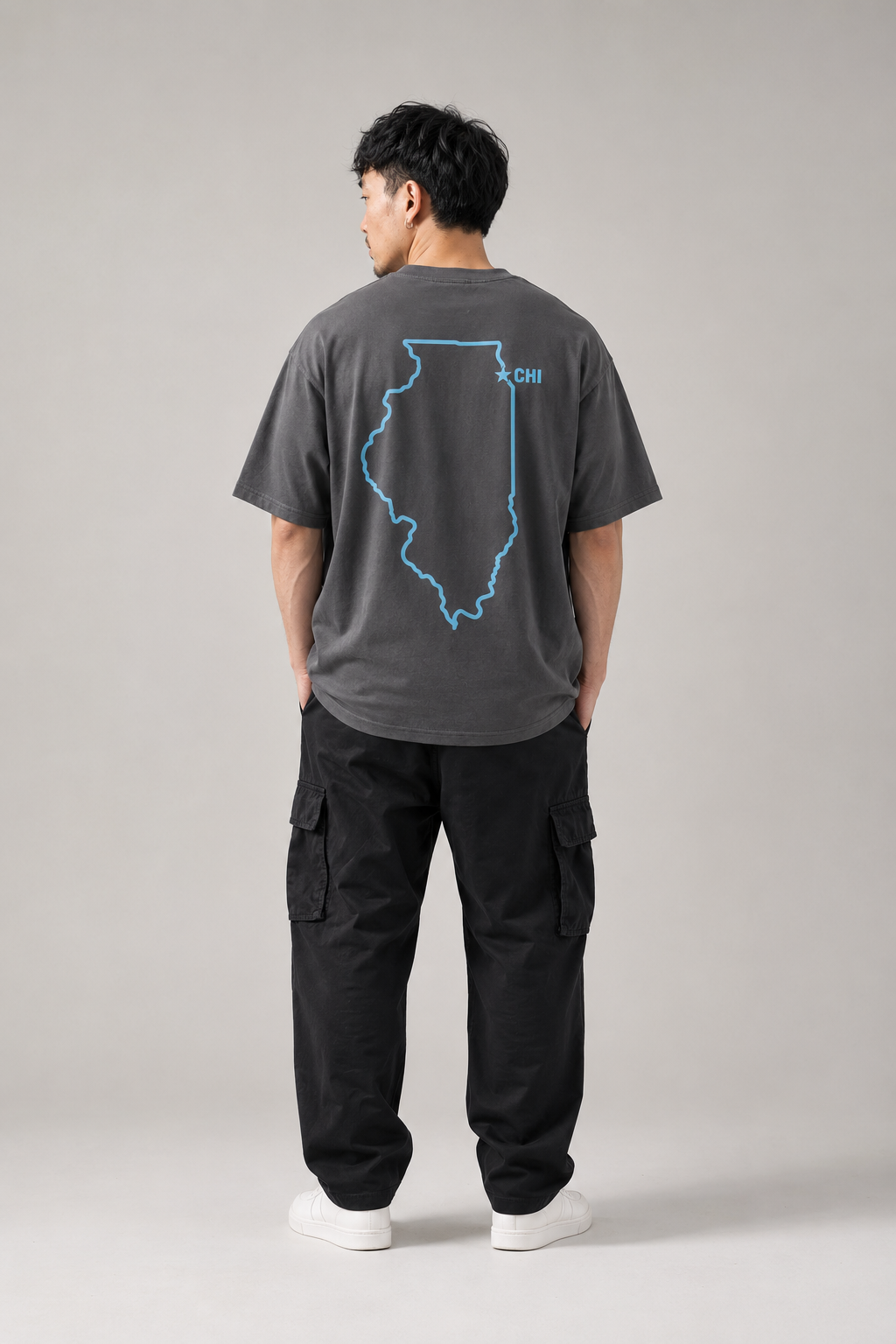 Chicago 1837 Heritage graphite-gray heavyweight boxy T-shirt full-body male model back view with Illinois outline and CHI | City 2 City Wear