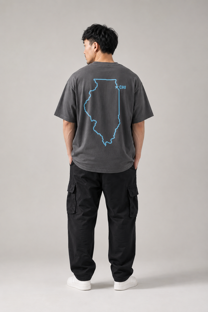 Chicago 1837 Heritage graphite-gray heavyweight boxy T-shirt full-body male model back view with Illinois outline and CHI | City 2 City Wear