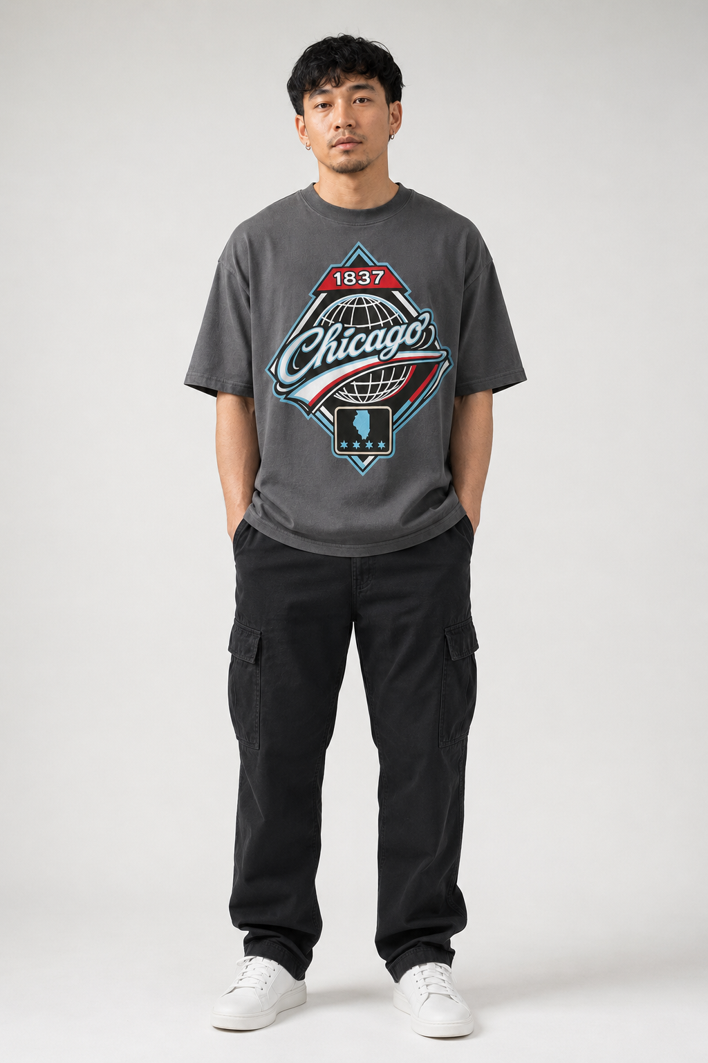 Chicago 1837 Heritage graphite-gray 240 GSM heavyweight boxy T-shirt full-body male model front studio photo | City 2 City Wear