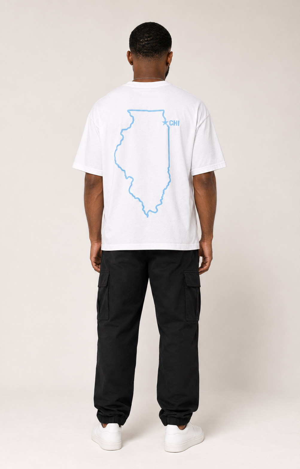 Chicago 1837 Heritage white heavyweight boxy T-shirt full-body male model back view with Illinois outline and CHI | City 2 City Wear
