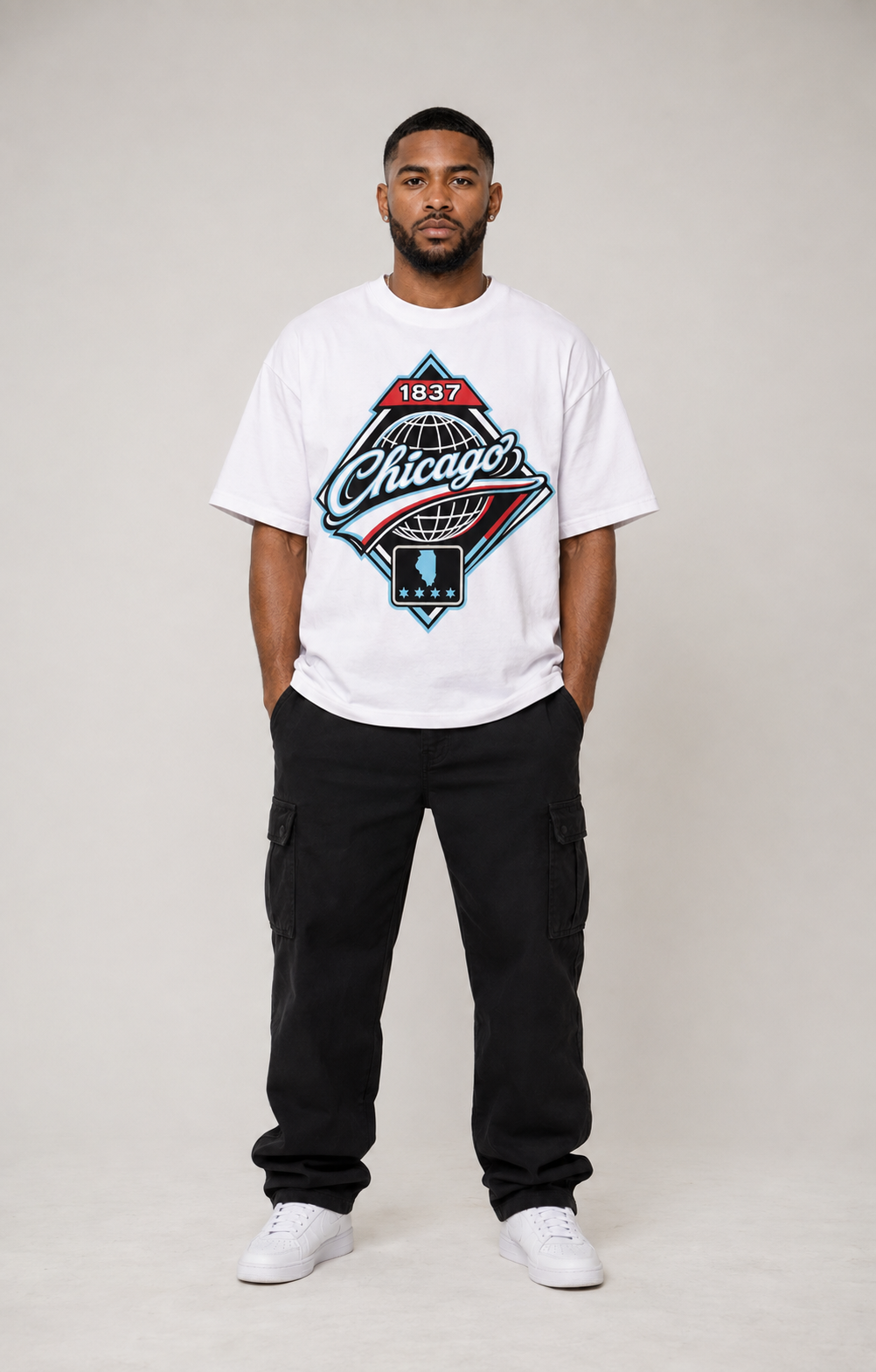 Chicago 1837 Heritage white 240 GSM heavyweight boxy T-shirt full-body male model front studio photo | City 2 City Wear