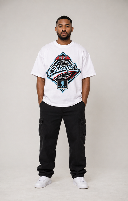 Chicago 1837 Heritage white 240 GSM heavyweight boxy T-shirt full-body male model front studio photo | City 2 City Wear