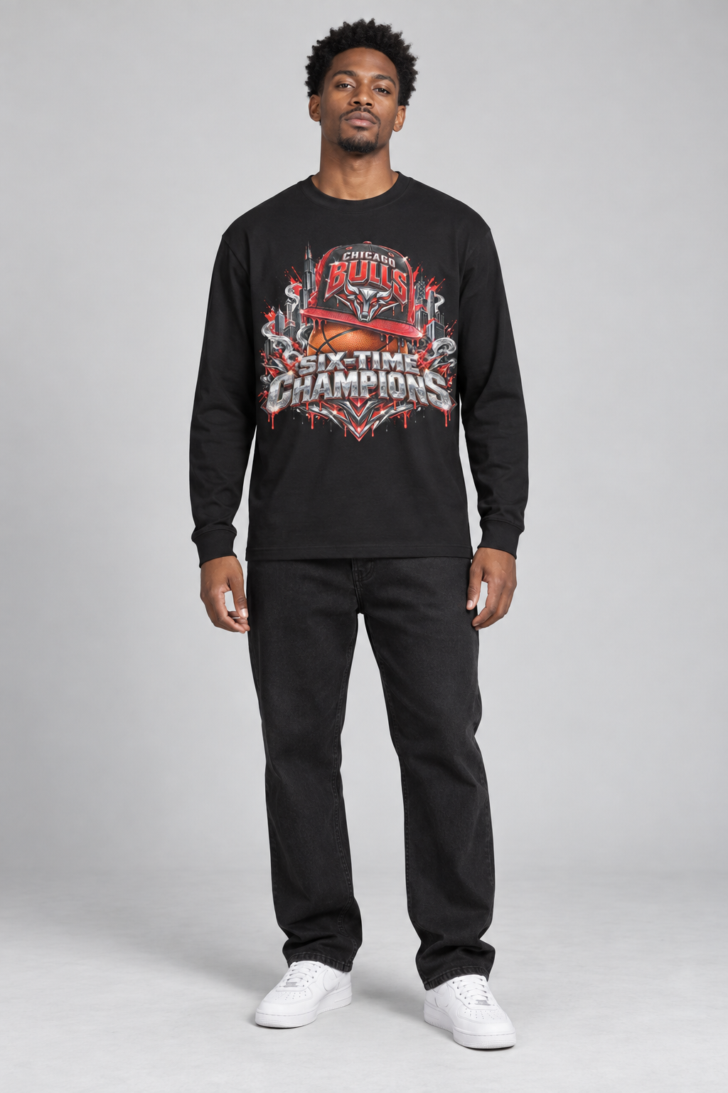 Chicago 6-Time City Champions black 220 GSM long-sleeve T-shirt on male model – full-body front view | City 2 City Wear