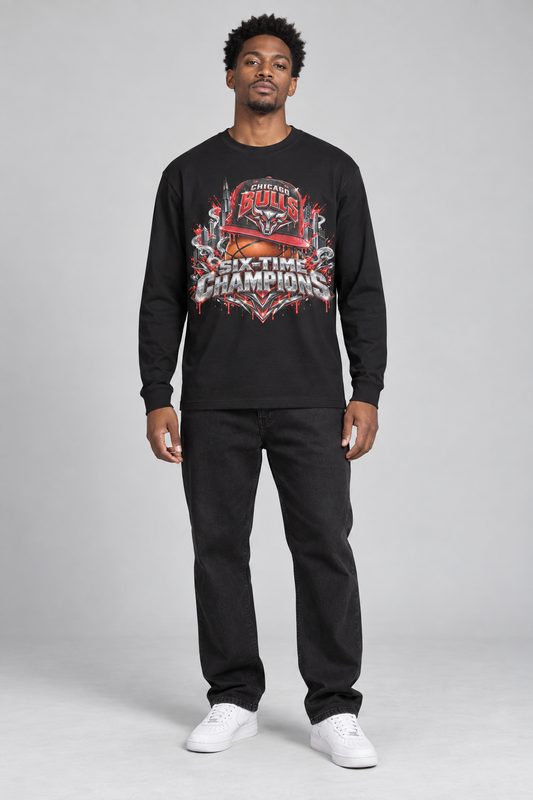 Chicago 6-Time City Champions black 220 GSM long-sleeve T-shirt on male model – full-body front view | City 2 City Wear