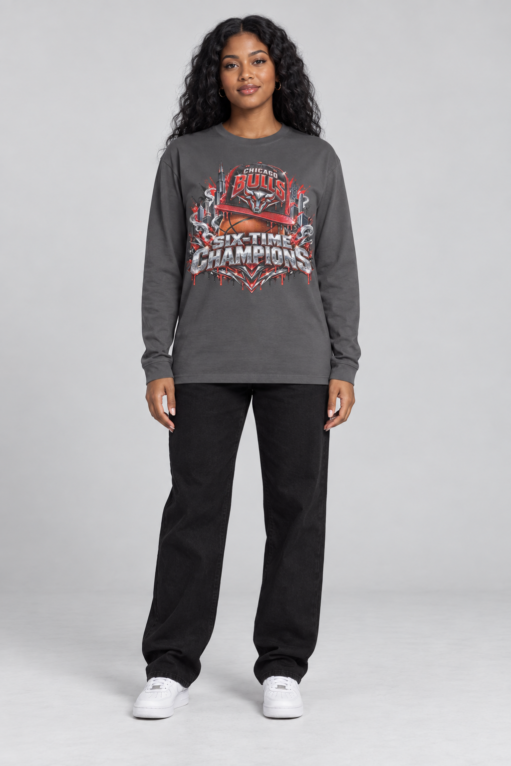 Chicago 6-Time City Champions dark gray 220 GSM long-sleeve T-shirt on female model – full-body front view | City 2 City Wear