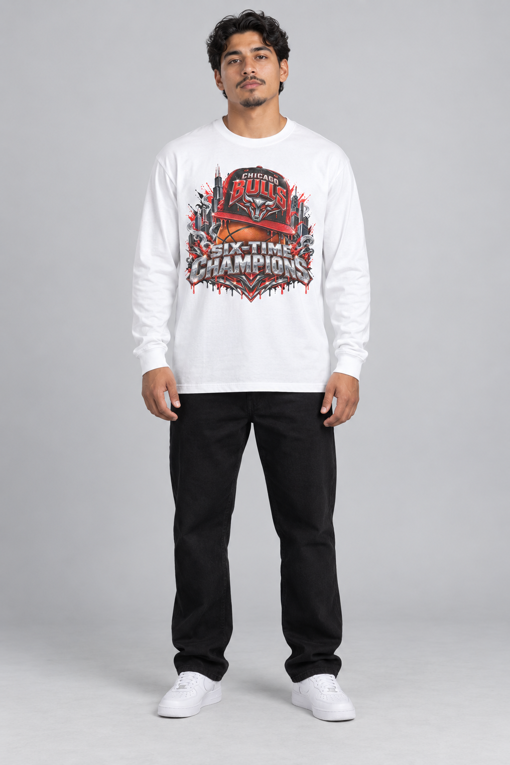 Chicago 6-Time City Champions white 220 GSM long-sleeve T-shirt on male model – full-body front view | City 2 City Wear