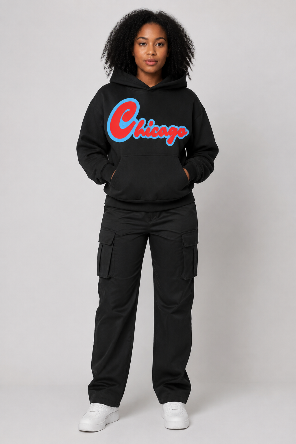 Chicago Script 400 GSM Women’s Hoodie, Black front-view full-body women’s studio model photo, Chicago | City 2 City Wear