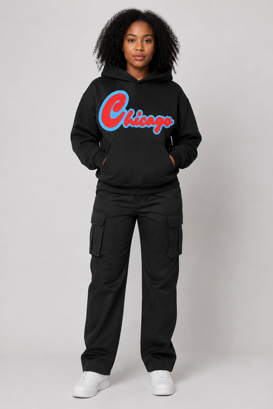 Chicago Script 400 GSM Women’s Hoodie, Black front-view full-body women’s studio model photo, Chicago | City 2 City Wear