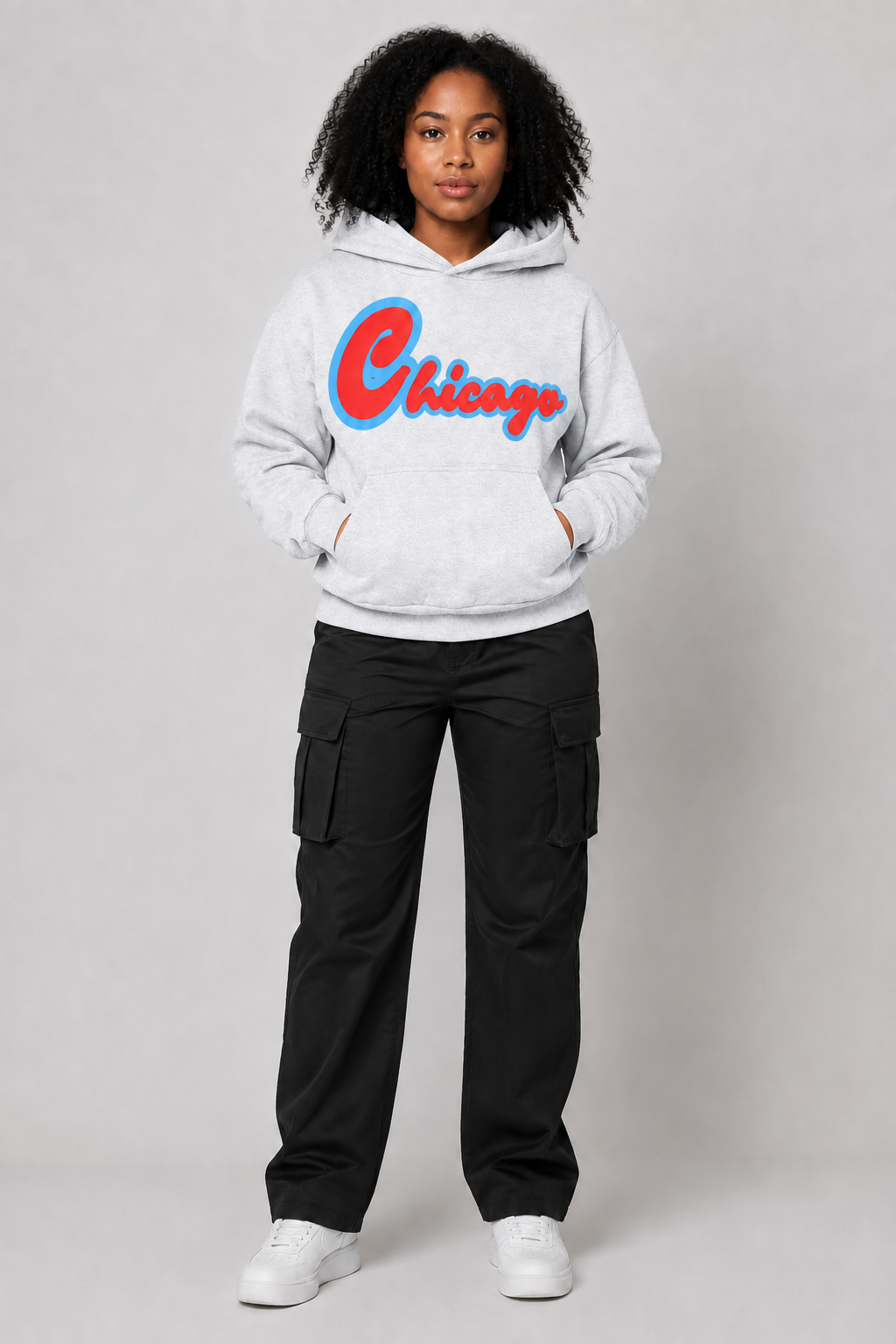 Chicago Script 400 GSM Women’s Hoodie, Light Gray front-view full-body women’s studio model photo, Chicago | City 2 City Wear