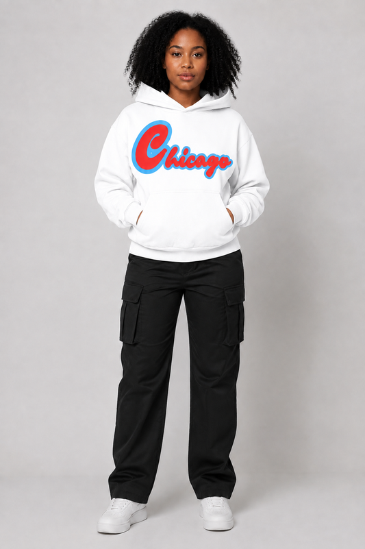 Chicago Script 400 GSM Women’s Hoodie, White front-view full-body women’s studio model photo, Chicago | City 2 City Wear