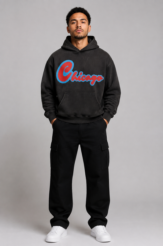 Chicago Script 440 GSM Heavyweight Washed Oversized Hoodie, Faded Black front-view full-body men’s studio model photo, Chicago | City 2 City Wear