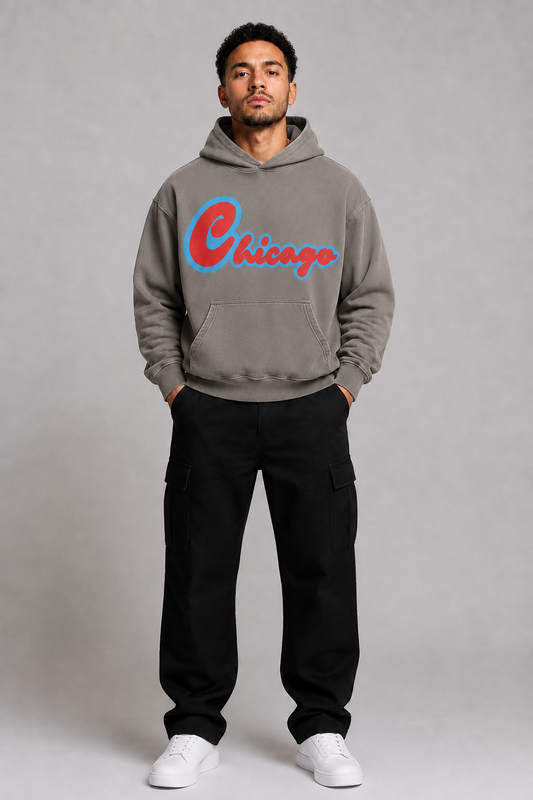 Chicago Script 440 GSM Heavyweight Washed Oversized Hoodie, Friar Gray front-view full-body men’s studio model photo, Chicago | City 2 City Wear