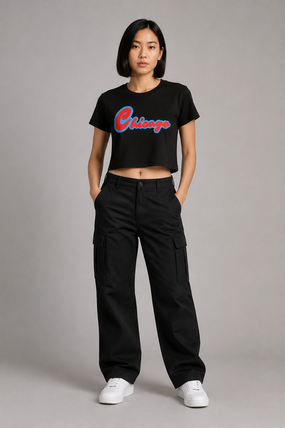Chicago Script Women’s Crop T-Shirt, Black front-view full-body women’s studio model photo, Chicago | City 2 City Wear
