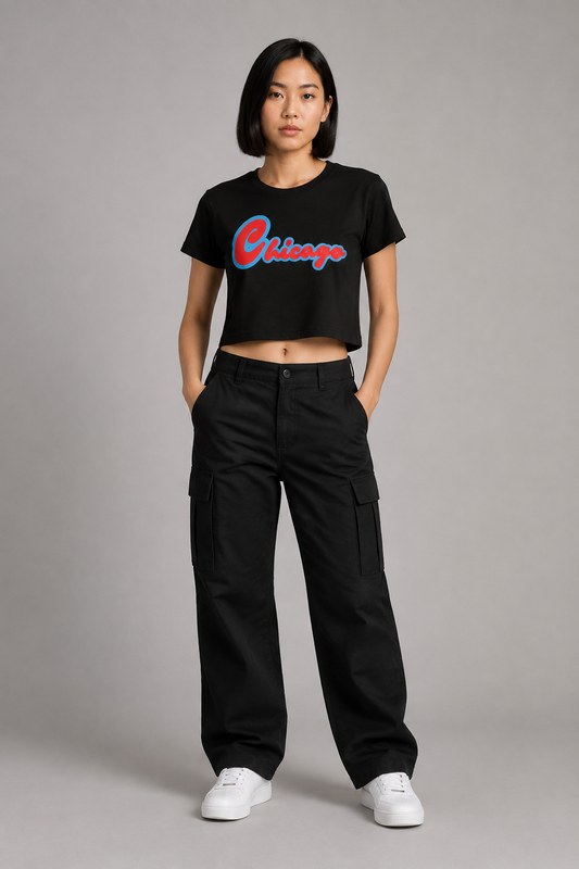 Chicago Script Women’s Crop T-Shirt, Black front-view full-body women’s studio model photo, Chicago | City 2 City Wear