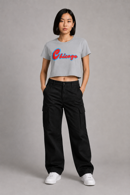 Chicago Script Women’s Crop T-Shirt, Light Gray front-view full-body women’s studio model photo, Chicago | City 2 City Wear