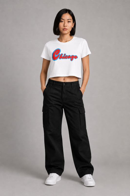 Chicago Script Women’s Crop T-Shirt, White front-view full-body women’s studio model photo, Chicago | City 2 City Wear